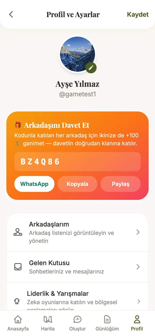 Profil & Davet ekranı